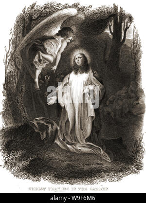 Christianity / Religion - 1844 Illustration from Brown's Bible showing Jesus Christ praying in the garden with an angel hovering above him. (The Agony in the Garden of Gethsemane) Stock Photo