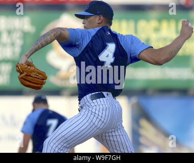 July 30, 2019, Trenton, New Jersey, U.S: Pitching coach TIM NORTON watches  pitcher GREG WEISSERT of the Trenton Thunder warming up in the bullpen  before a game vs. the Altoona Curve. There