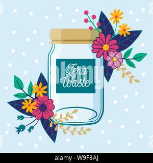 Zero Waste concept. Empty glass jar, with floral composition. Environmental conservation. Stock Vector
