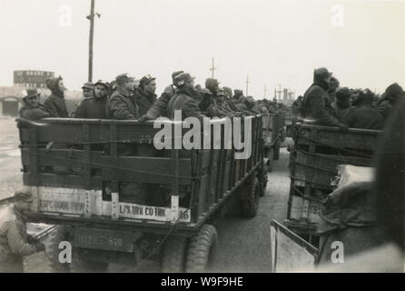 Antique c1946 photograph, convoy of US Army trucks in port Le Havre, France. SOURCE: ORIGINAL PHOTOGRAPH Stock Photo