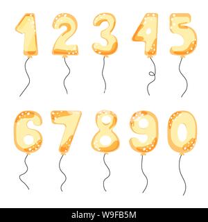 Gold cartoon balloon numbers for birthday party cards. Event celebration invitation card vector set. Anniversary balloons on white. Stock Vector