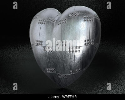 3D render of metal armoured heart on dark background Stock Photo