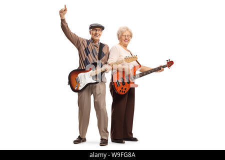 Full length portrait of cool elderly man and woman with electric guitars isolated on white background Stock Photo