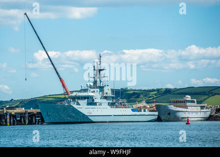 The ninth and latest HMS Severn is a River-class offshore patrol vessel of the British Royal Navy at Falmouth in Cornwall, England, UK Stock Photo