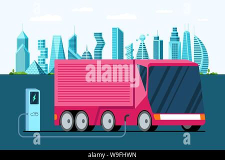 Electric truck at charging station. Hybrid futuristic semi trailer vechicle on future city. Modern e-vehicle technology and environment care concept. Flat cargo vector illustration Stock Vector