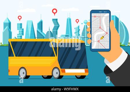 City bus tour banner design template. Urban vehicle with map application on smartphone screen. Puplic transport countryside traffic route. Vector travel app illustration Stock Vector