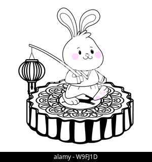 Mid autumn rabbit on mooncake in black and white Stock Vector