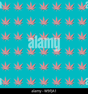pink cannabis leaves isolated on blue background Growing medical marijuana cbd pattern Stock Photo