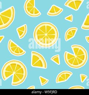 Vector seamless pattern with lemon slices isolated on blue background. Soft drinks, lemonade, soda advertising. Fruit print. Cover for planner Stock Vector