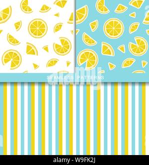 Set of vector seamless patterns with lemon slices. Endless texture. Wrapping paper, packaging, fabric print. Cover for planner, notebook. Striped Stock Vector