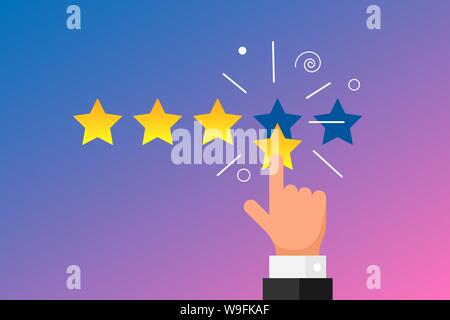 Online feedback reputation best quality customer review concept flat style. Businessman hand finger pointing four gold star rating on gradient background. Vector rank illustration Stock Vector