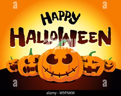 Happy Halloween holiday pumpkins under moonlight. Jack O Lantern party on night blurred background and inscription greeting card design template. Vector cartoon spooky invitation illustration