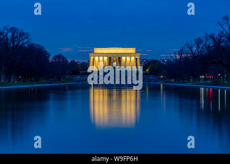 View of Lincoln Memorial illuminated at dusk, Washington, D.C., United States of America, North America Stock Photo