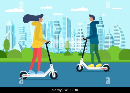 Millennial girl and boy riding scooters in future city park. Transporting around town and having tour. Spending free time on urban street. People on electric scooter. Eco transport vector illustration Stock Vector