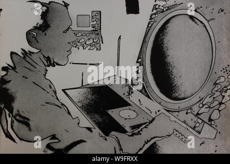 Fine black and white art photography from the 1970s of a man studying the airport radar system. Stock Photo