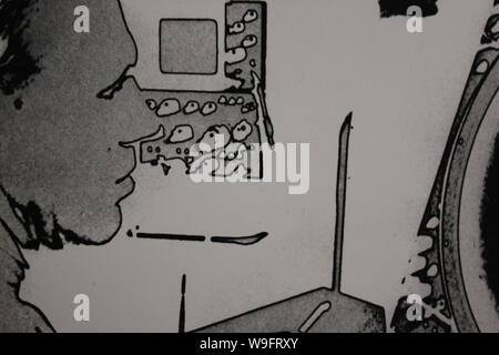 Fine black and white art photography from the 1970s of a man studying the airport radar system. Stock Photo