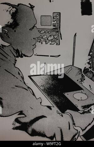 Fine black and white art photography from the 1970s of a man studying the airport radar system. Stock Photo