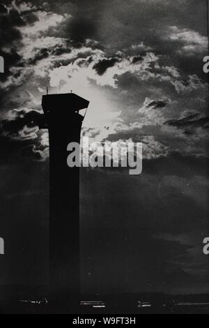 Fine black and white art photography from the 1970s of the old O'Hare airport's control tower. Stock Photo
