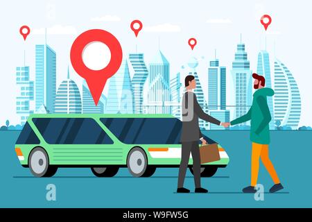 Car sharing service template. Two young men character handshake on future city road with skyscraper. Economy transportation cooperate for journey. Deal for adventure. Vector vehicle rent illustration Stock Vector