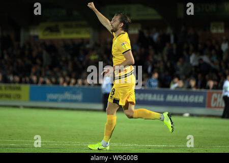 Kingston Upon Thames, UK. 13th Aug, 2019. Alex Gilbey of Milton Keynes Dons celebrates scoring the winning penalty in the penalty shootout. Carabao cup, EFL Cup 1st round match, AFC Wimbledon v MK Dons at the Cherry Red Records Stadium in Kingston upon Thames, Surrey on Tuesday 13th August 2019. this image may only be used for Editorial purposes. Editorial use only, license required for commercial use. No use in betting, games or a single club/league/player publications. pic by Steffan Bowen/Andrew Orchard sports photography/Alamy Live news Stock Photo