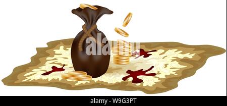 A pirate old map on a yellow parchment with blood stains, standing on it with coins and a leather bag, encrypted messages Stock Vector