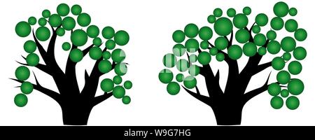 Two trees with green crowns and thick trunks Stock Vector