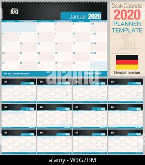 Useful desk calendar 2020 with space to place a photo. Size: 210 mm x 148 mm. German version - Vector image Stock Vector