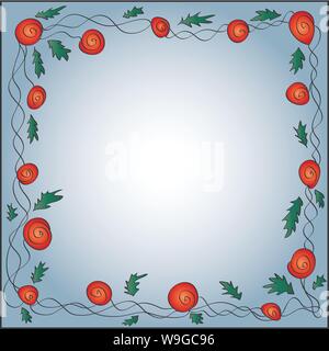 Square frame of curly red roses on a blue background Stock Vector
