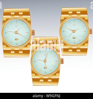 Three dials for wristwatches inlaid with precious stone, diamond, with date, golden arrows. Stock Vector