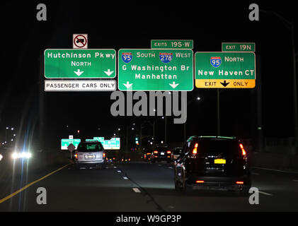 New York, NY USA. Aug 2019. Freeway signs directing motorists to major interstate 95 or alternative routes to New England. Stock Photo