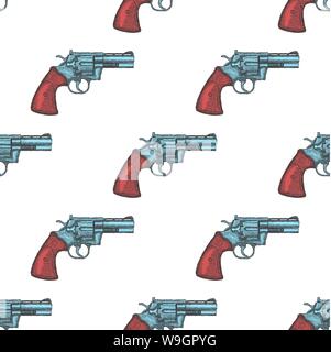 Hand Drawn Vintage Revolver Gun. Seamless Pattern Background Vector Stock Vector