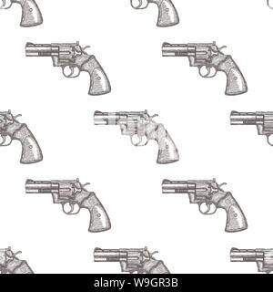Hand Drawn Vintage Revolver Gun. Seamless Pattern Background Vector Stock Vector