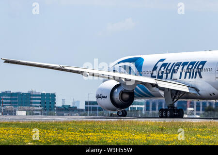 Egypt Air Boeing 777-3 seen lining up for takeoff at Toronto Pearson Intl. Airport. Stock Photo