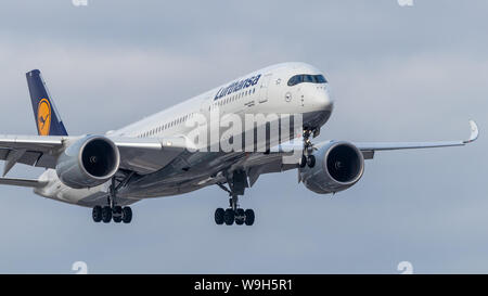 Lufthansa Airbus A350-9 landing on a cloudy day at Toronto Pearson Intl. Airport. Stock Photo