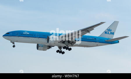 KLM Royal Dutch Airlines Boeing 777-2 landing at Toronto Pearson Intl. Airport. Stock Photo