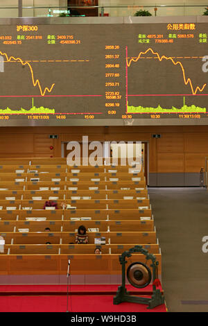 View of the screen showing the curves of China composite indexes at Shanghai Stock Exchange in Lujiazui Financial District in Pudong, Shanghai 5 March Stock Photo
