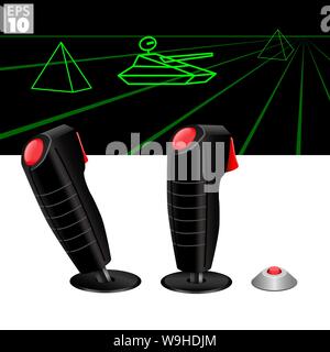 Dual joysticks or flightsticks with top fire and trigger fire button to control throttle and direction in classic arcade video games. Stock Vector