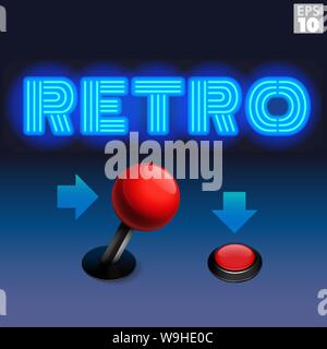 A ball top arcade joystick pushed to the right and a pressed arcade button with a classic neon sign that reads retro for arcade video gaming. Stock Vector