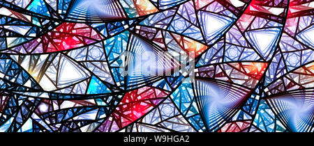 Colorful glowing stained glass, computer generated abstract background, triangular pattern, 8k widescreen, 3D rendering Stock Photo