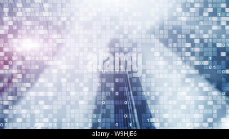 Digital code on blur city background. Abstract Binary code Stock Photo