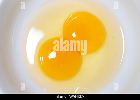 double yolk, strange two yolks in one hen lucky egg Stock Photo