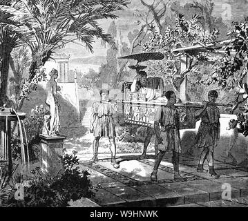 The lifestyles that wealthy Romans enjoyed...slaves carrying their master on a litter or lectica, through his Roman gardens,  enriched with many additional structures in the four centuries during which they evolved. They contained pavilions, temples and monumental sculptures. The homes of rich Romans  family. Usually large single-storey houses with many large and well-furnished rooms in addition to private baths.  The ancient Roman houses of wealthy Romans were called ‘Domus’ and consisted of multiple large rooms in addition to indoor courtyards and gardens Stock Photo