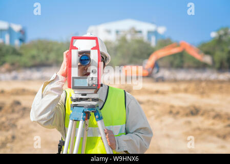 Construction engineer checking construction site for new Infrastructure construction project Stock Photo