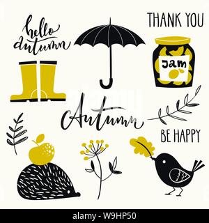 Set of autumn design elements in cool retro style Stock Vector