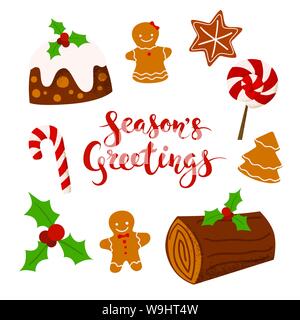 Season's Greetings vector Merry Christmas card design with Christmas food Stock Vector