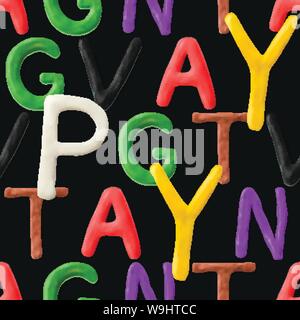 Seamless pattern with alphabet. Handmade modeling clay letters. Realistic 3d vector background. Stock Vector