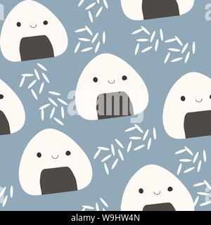 Vector seamless pattern of onigiri and rice on blue background Stock Vector