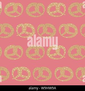 Vector seamless pattern of pretzels with sesame, salt and poppy seeds on pink background Stock Vector