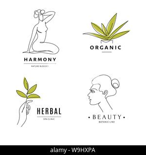 Spa herbal salon logo templates with body and nature line art. Stock Vector