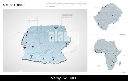 Vector set of Lesotho country.  Isometric 3d map, Lesotho map, Africa map - with region, state names and city names. Stock Vector